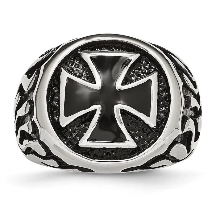 Rings Stainless Steel Antiqued Polished Textured Black IPplated Cross Ring TreasureFineJewelers