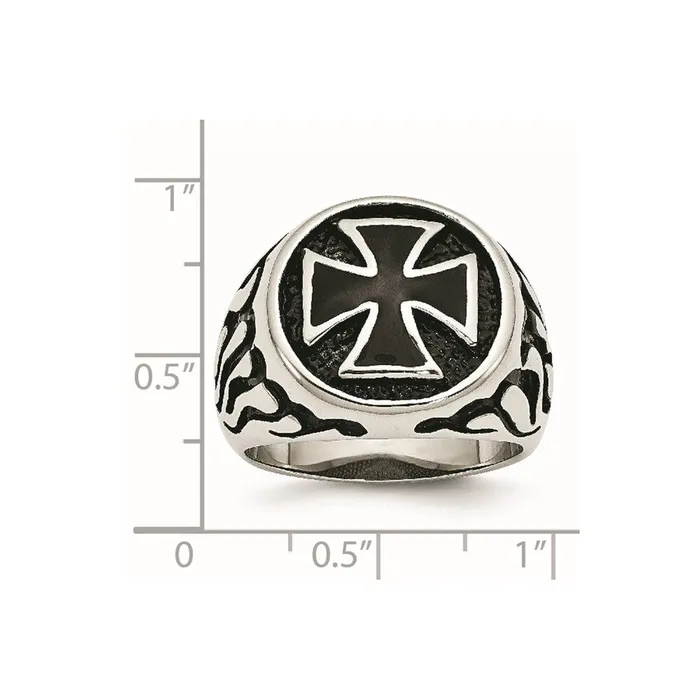 Rings Stainless Steel Antiqued Polished Textured Black IPplated Cross Ring TreasureFineJewelers
