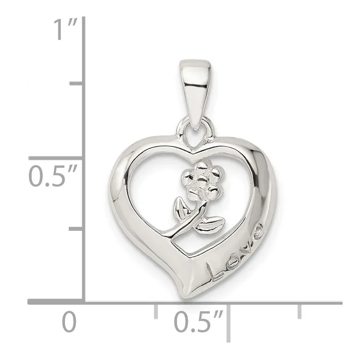 TreasureFineJewelers Necklaces Sterling Silver Love Heart wFlower Pendant