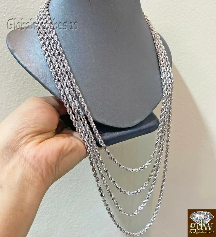 10k White Gold Rope Chain Necklace 20 22 24 26 Inch 4mm Men Women Real Gold Gold and Diamond Necklaces