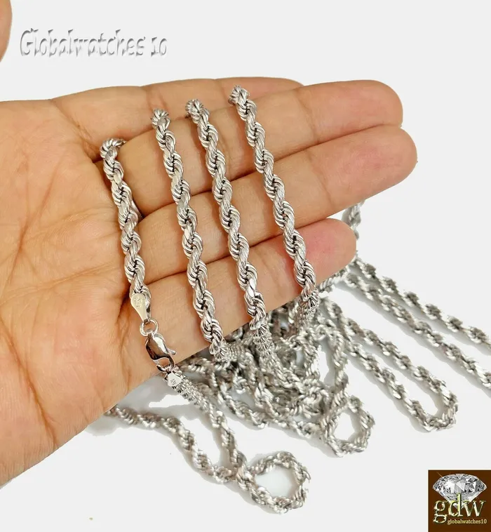 10k White Gold Rope Chain Necklace 20 22 24 26 Inch 4mm Men Women Real Gold Gold and Diamond Necklaces