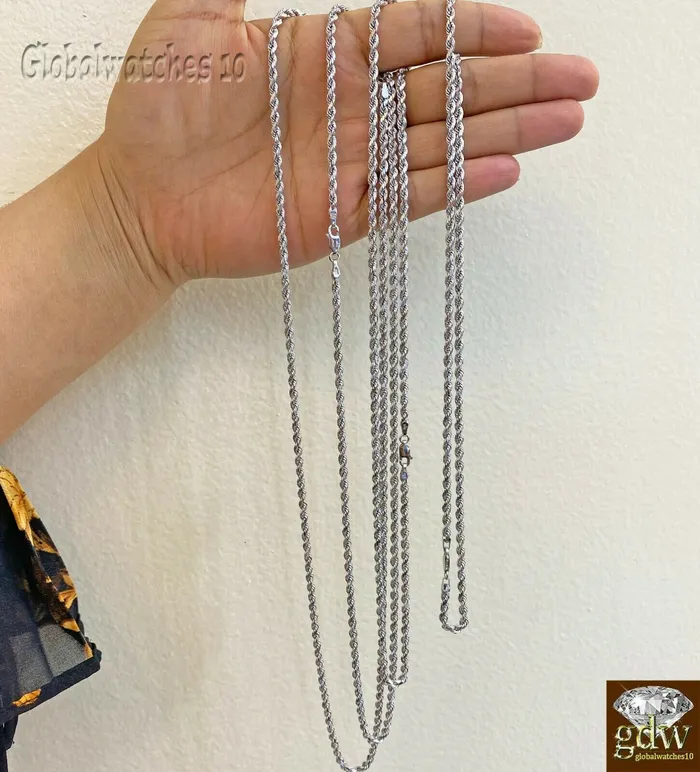 10k White Gold Rope Chain Necklace 20 22 24 26 Inch 4mm Men Women Real Gold Gold and Diamond Necklaces