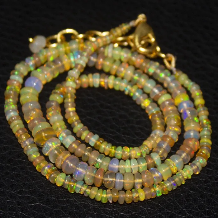 Beads Supplies USA Necklaces Natural Ethiopian Welo Opal Gold Plated Smooth Rondelle Necklace 2mm 5mm 19