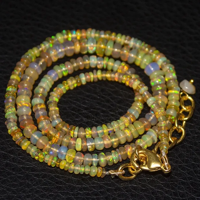 Beads Supplies USA Necklaces Natural Ethiopian Welo Opal Gold Plated Smooth Rondelle Necklace 2mm 5mm 19