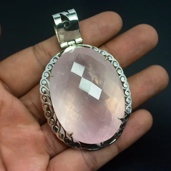 Necklaces Beads Supplies USA 63g Totally Handmade Natural Rose Quartz Oval Shape 925 Sterling Silver Pendant