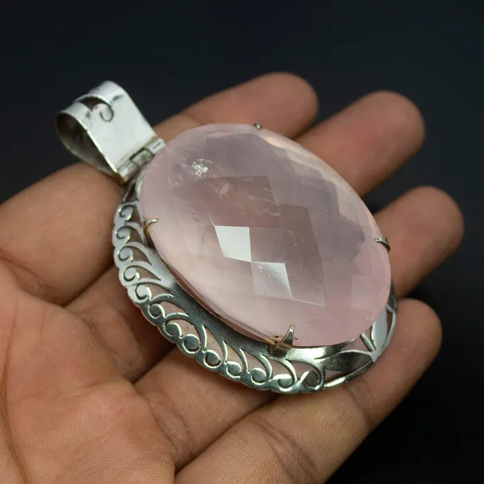 Necklaces Beads Supplies USA 63g Totally Handmade Natural Rose Quartz Oval Shape 925 Sterling Silver Pendant